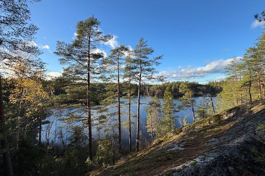 A lake surrounded by trees and a clear sky. 2