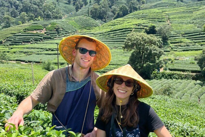 Two people wearing conical hats in a tea plantation with terraced fields. 3