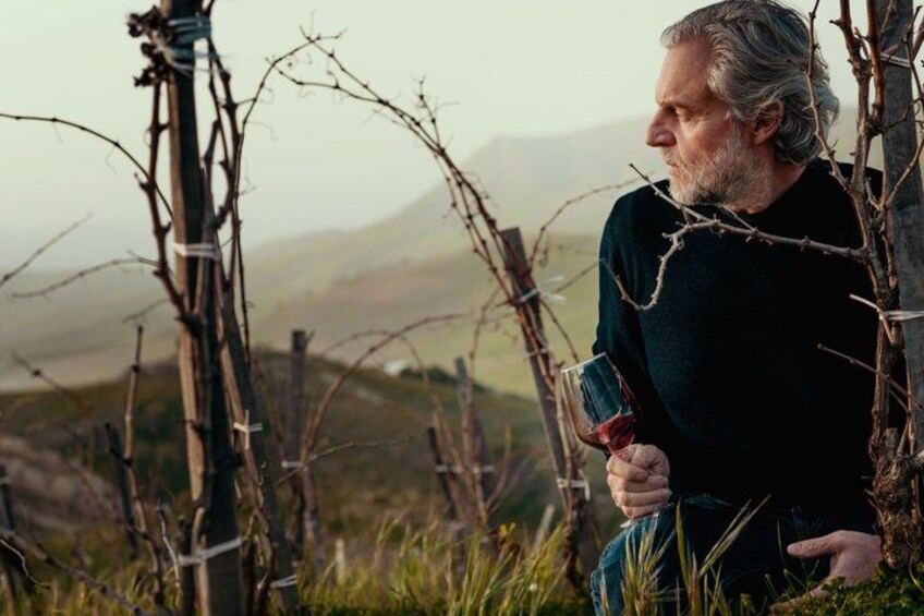 A person holding a wine glass in a vineyard with bare trees and a hilly landscape in the background. 4