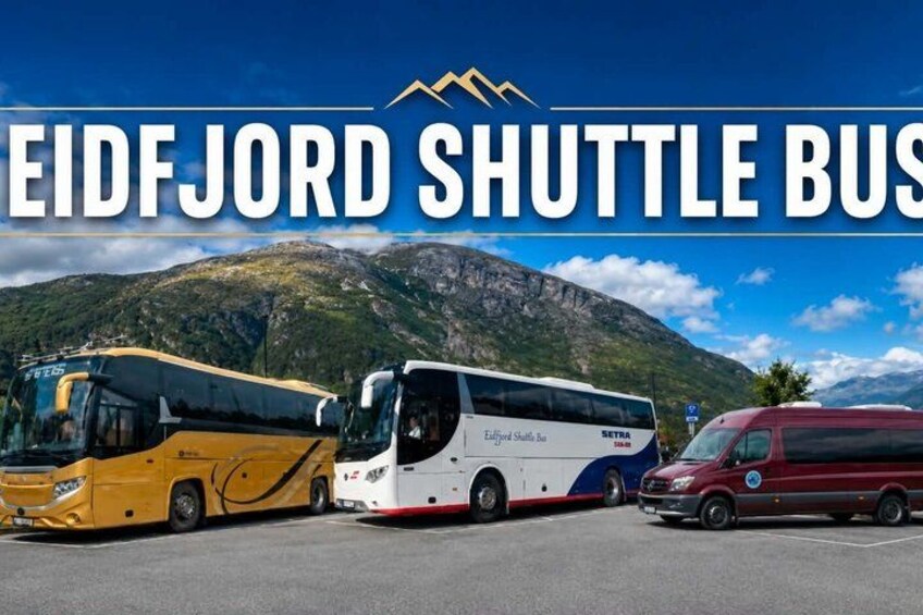 Three shuttle buses parked in a line with a mountainous background. 2