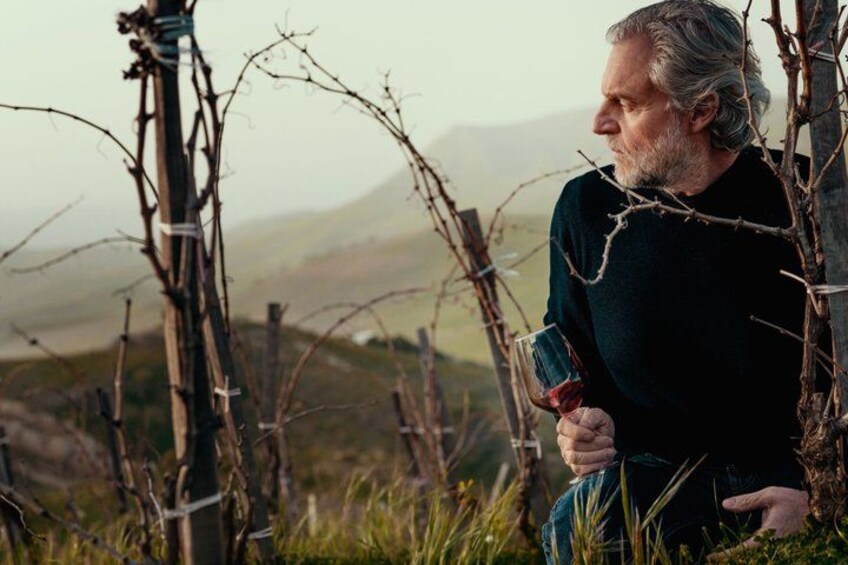 A person sitting on the ground holding a glass of red wine, surrounded by bare tree branches and a mountainous landscape in the background. 4