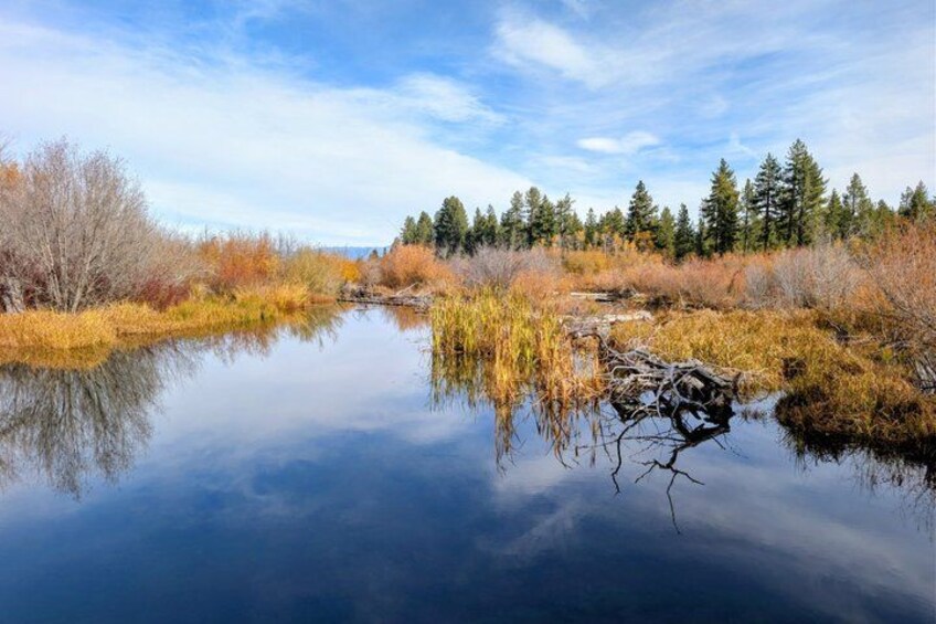 A calm river reflecting trees and sky, surrounded by autumn foliage. 1