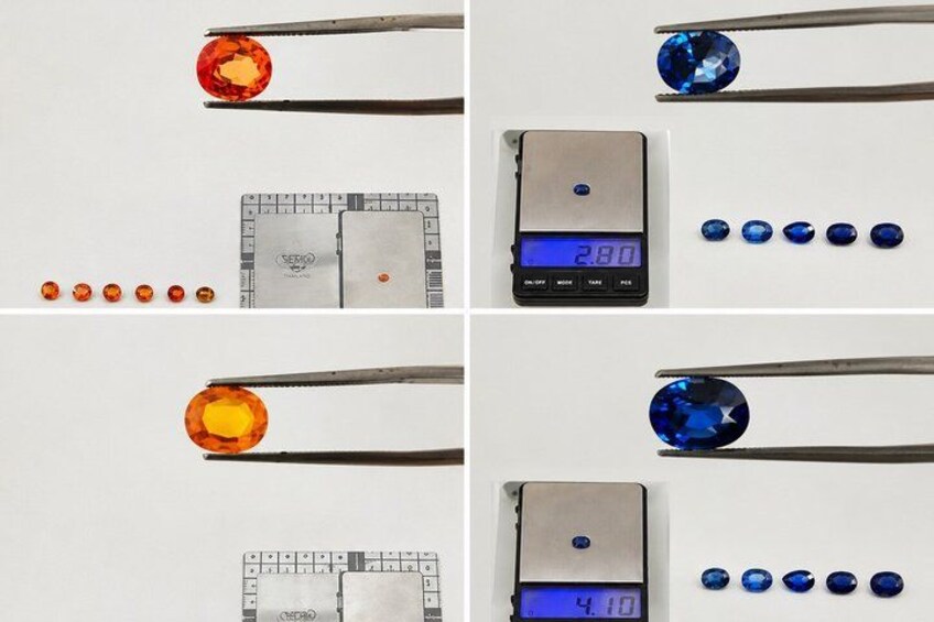A series of gemstones being weighed on a digital scale. 5