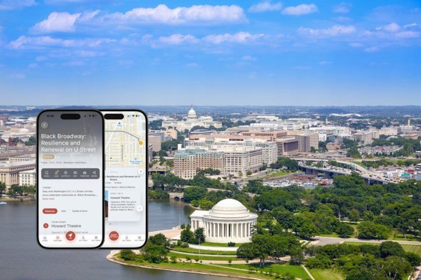 A smartphone displaying a map with 'Black Broadway: Resilience and Renewal on U Street' and 'Howard Theatre' highlighted. 1