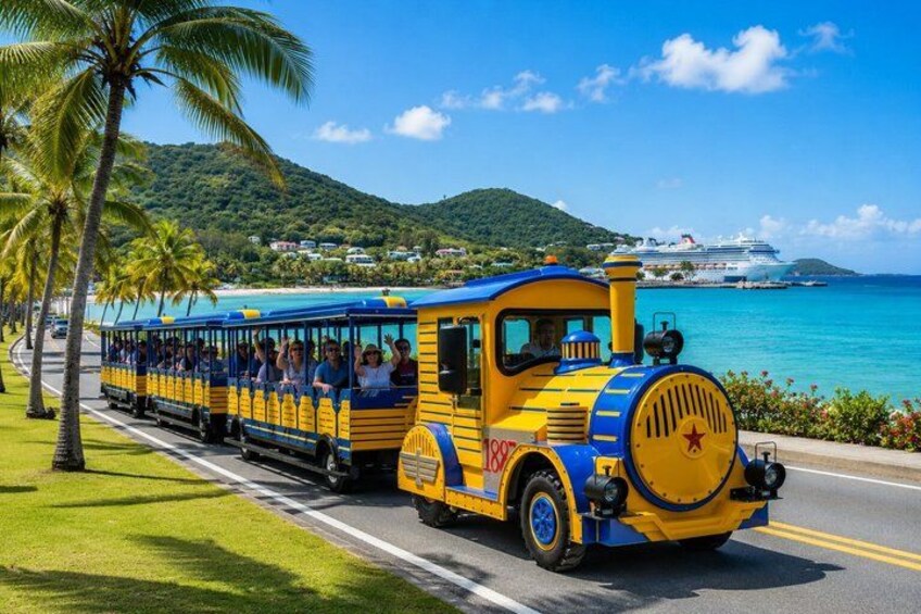 A colorful train with passengers, a coastal road, palm trees, and a cruise ship in the background. 4