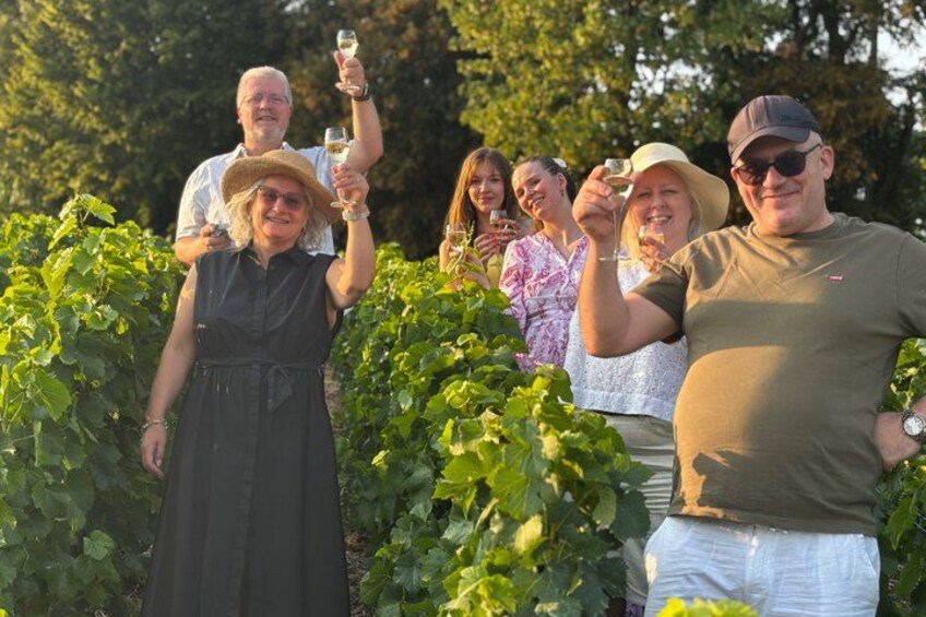 A group of people standing in a vineyard with rows of grapevines. 1
