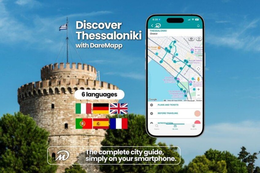 A castle, a smartphone with a map, and flags of 6 languages. 1