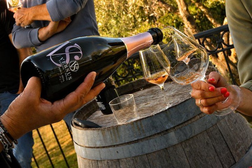 A person pouring wine into a glass. 1