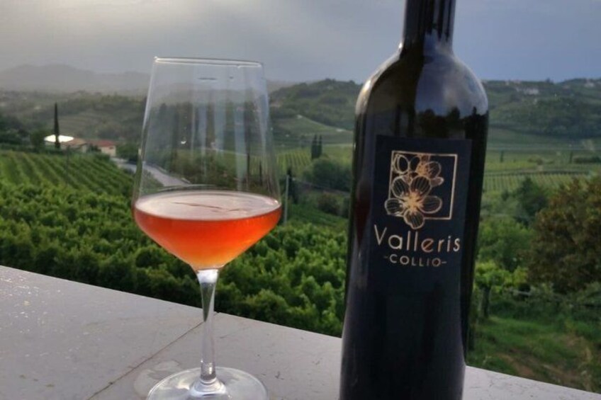 A wine bottle and glass on a terrace with a vineyard in the background. 4