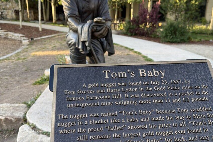 A gold nugget named 'Tom's Baby' with a descriptive sign. 4