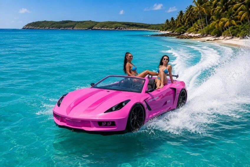 Un coche deportivo rosa sobre el agua, dos personas en el asiento del conductor, playa tropical, mar azul cristalino, palmeras y una masa de tierra a lo lejos. 5