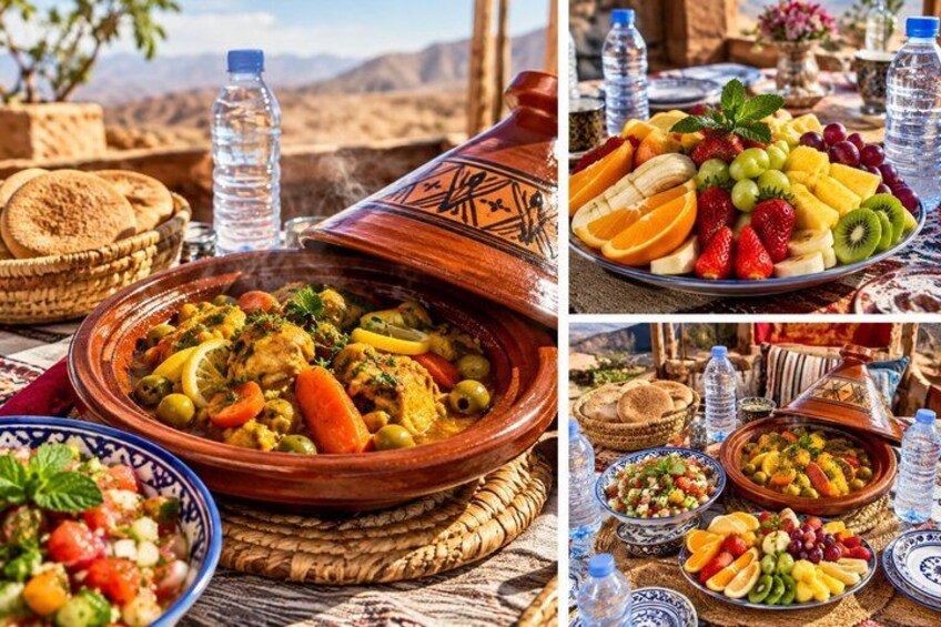 A traditional Moroccan setting with a tagine, couscous, and a variety of fruits and vegetables. 3