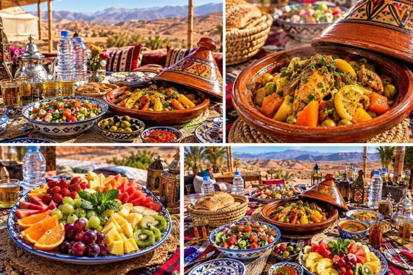 A traditional Moroccan feast with dishes like tagine, couscous, and a variety of fruits and vegetables. 2
