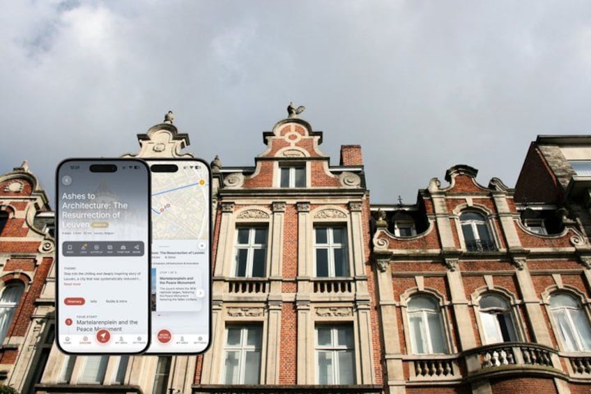 A historic building with ornate architecture and a smartphone displaying a map and article about architecture. 1