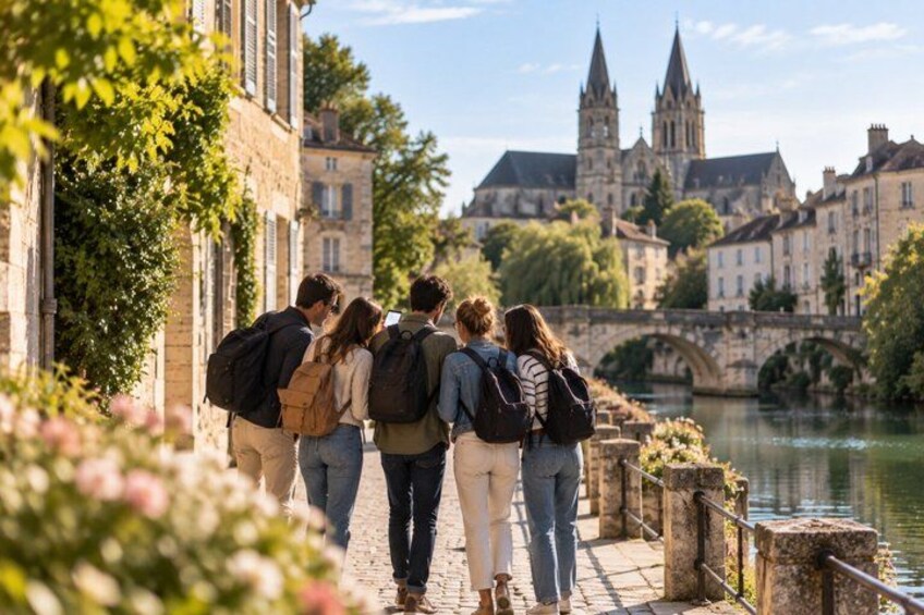 A group of people walking along a riverside path with historic buildings and a bridge in the background. 3