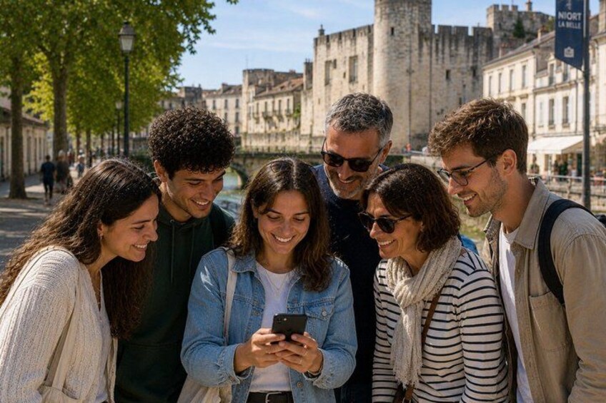 A group of people standing on a street with a castle in the background. 4