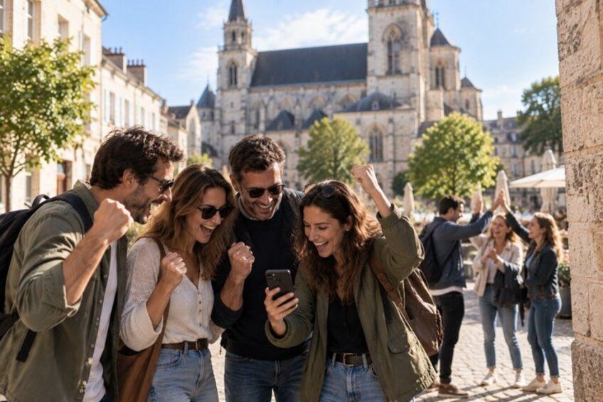 A group of people taking a selfie in a historic town square with a church in the background. 2