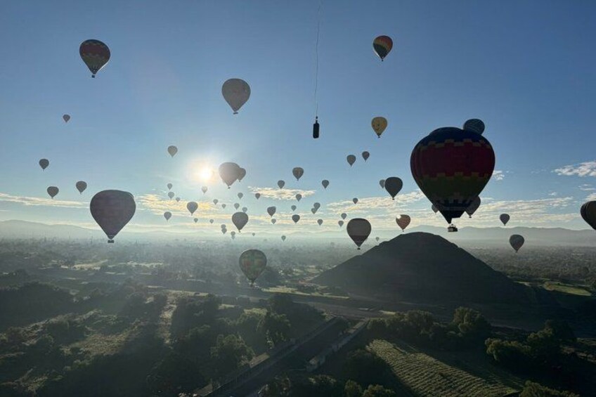 Hot air balloons over a landscape with mountains and fields. 5
