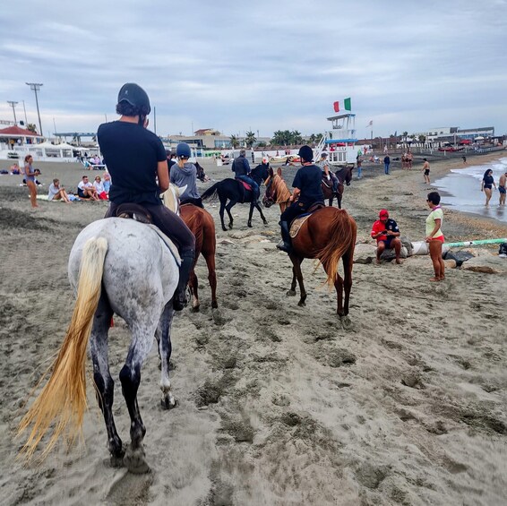 Une plage où l’on voit des gens à cheval, d’autres qui se promènent ou qui sont assis sur le sable. 2