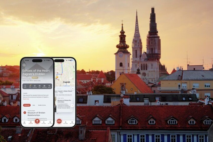 A smartphone displaying a travel app with a cityscape background. 1