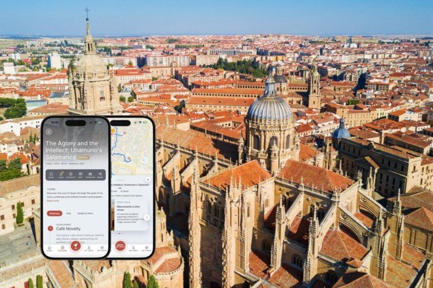 A smartphone displaying a map with a cathedral and surrounding cityscape. 1