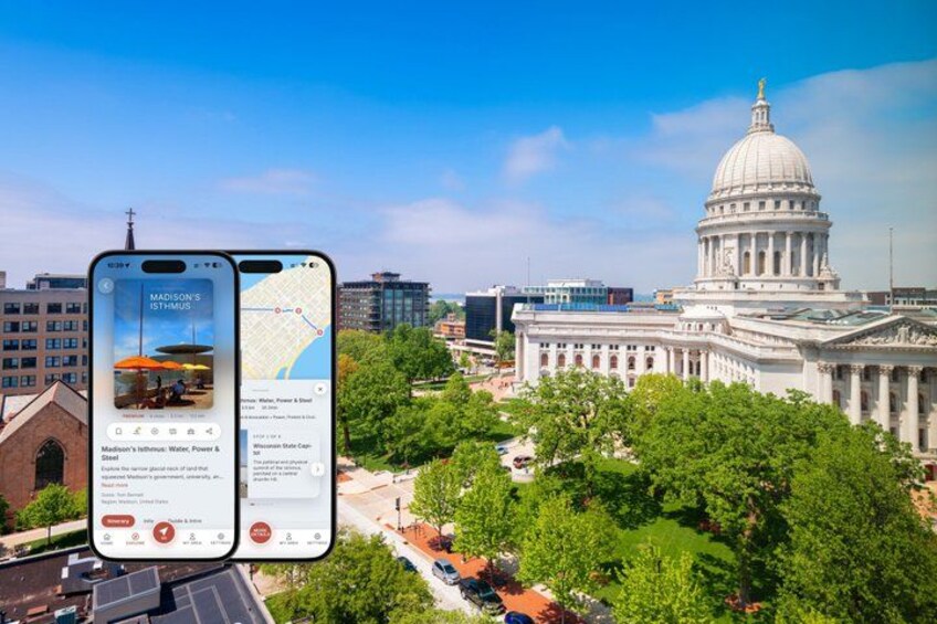A smartphone displaying a map with a view of a cityscape, including a large government building and surrounding greenery. 1