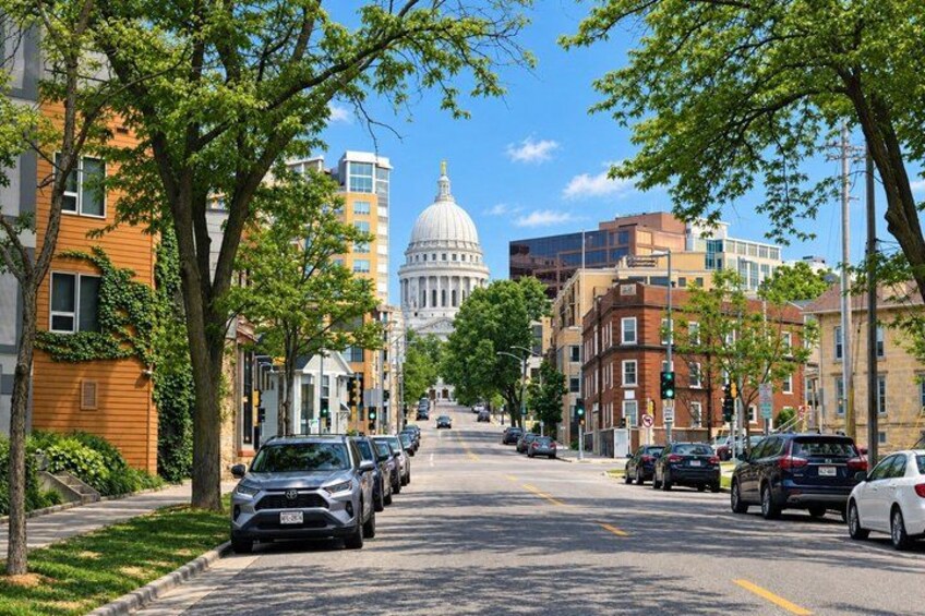 A street lined with trees and parked cars, leading to a large dome building. 4