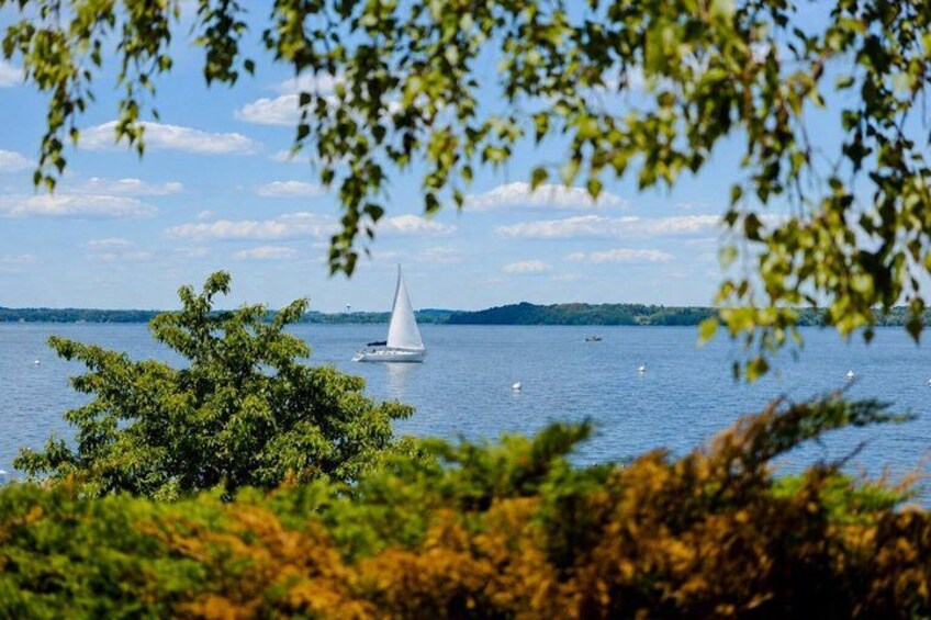 A sailboat on a calm lake with trees in the foreground and a clear sky. 2