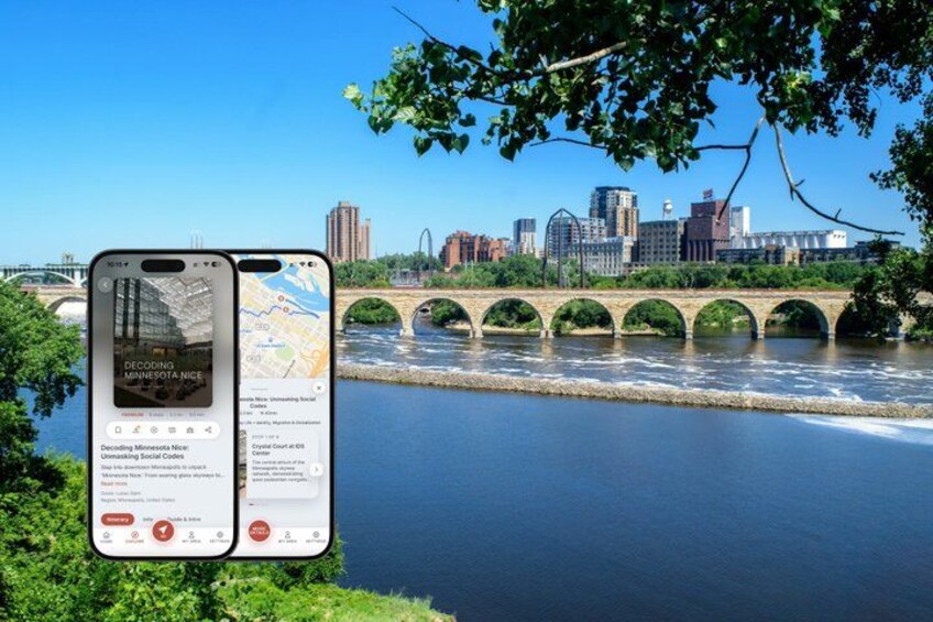 A smartphone displaying a map application with a city skyline and a river in the background. 1