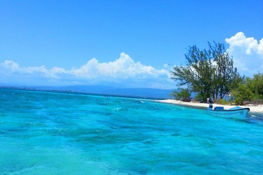 A turquoise sea, a small boat, and a tree-lined beach. 4