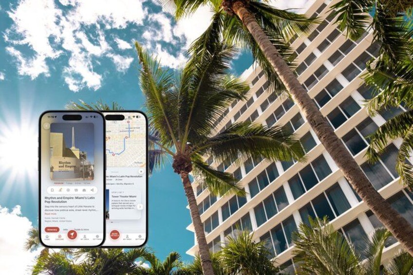 A smartphone displaying a map with a building and palm trees in the background. 1