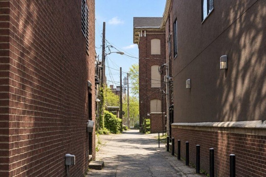 A narrow alleyway flanked by brick buildings, with a clear sky above. 3