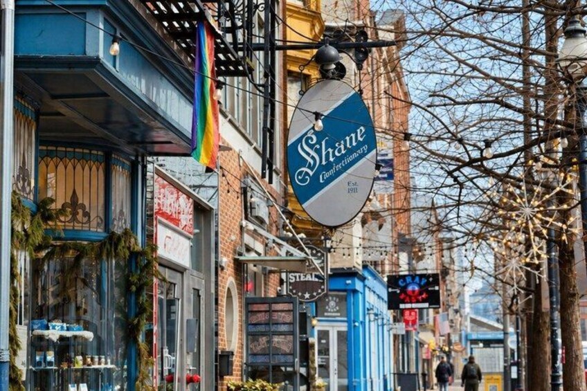 A street with a blue storefront, a rainbow flag, and a sign for Shane Confectionary. 2