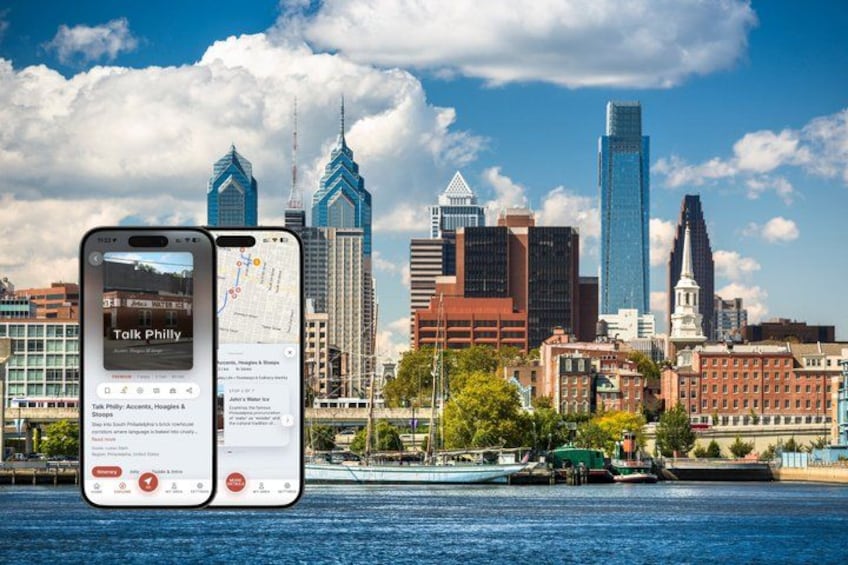 A smartphone displaying a map application with a city skyline in the background. 1