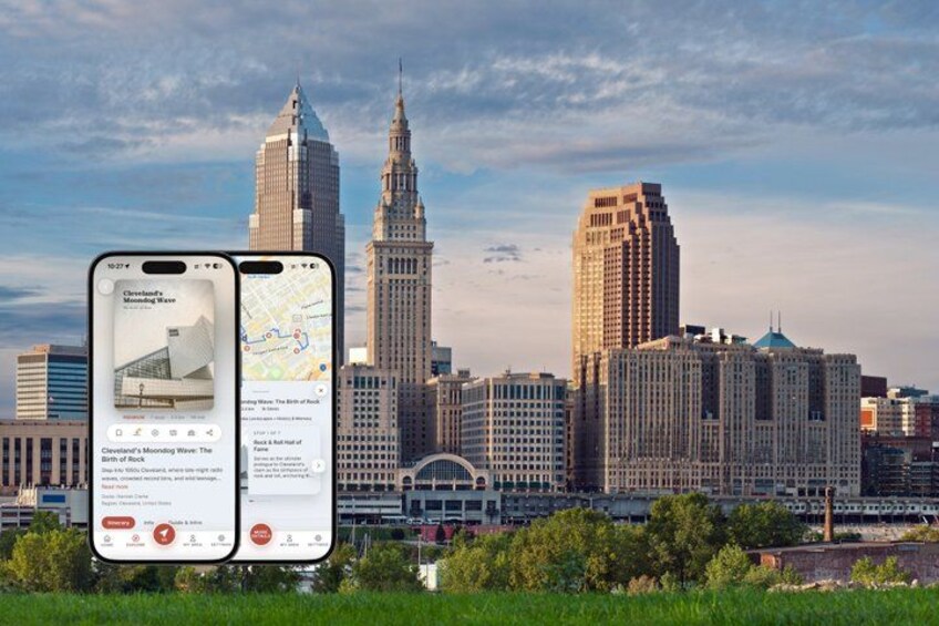 A smartphone displaying a map with a city skyline in the background. 1