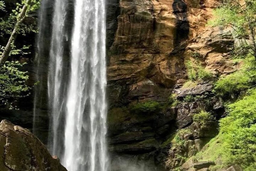 A waterfall cascading down a rocky cliff surrounded by greenery. 1