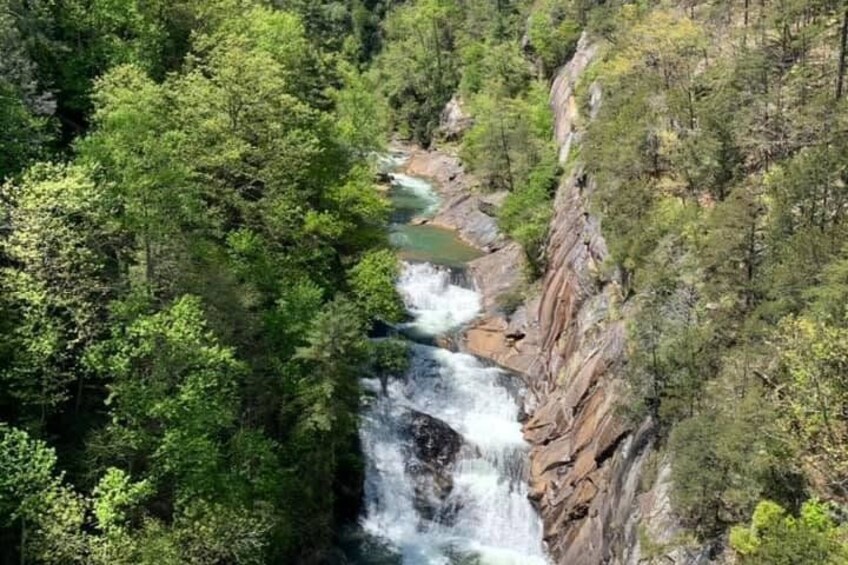 A waterfall cascading down a rocky cliff surrounded by dense forest. 5
