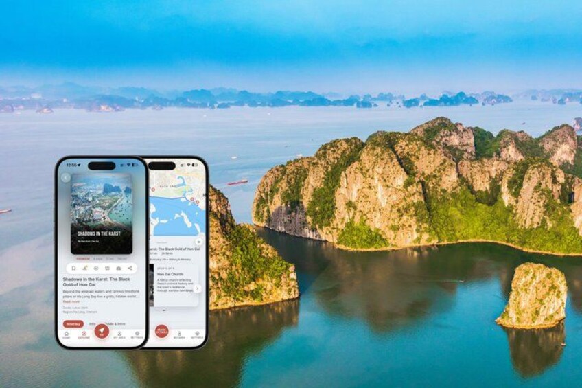 A smartphone displaying a travel app with a scenic coastal landscape. 1
