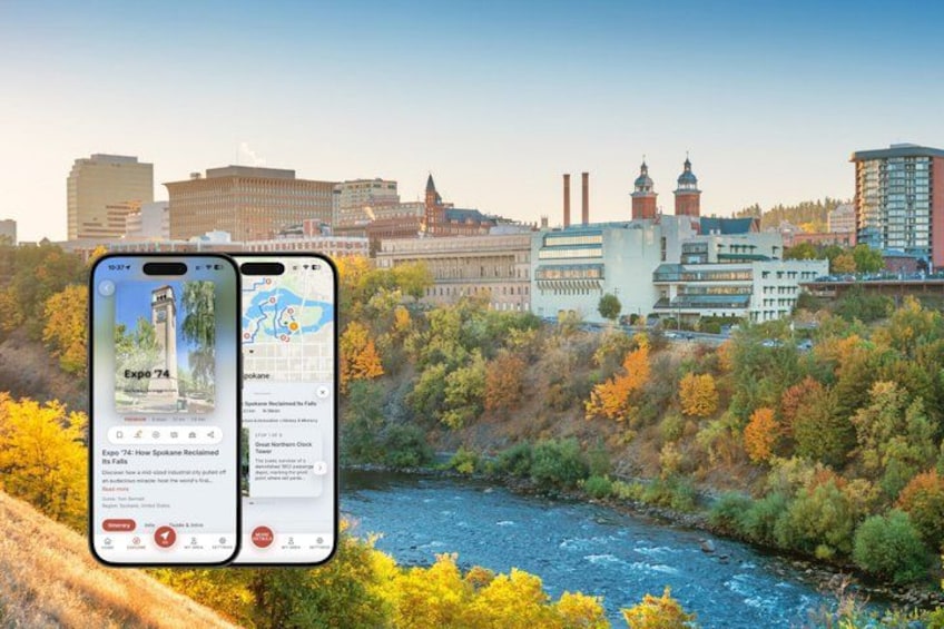A river with autumn foliage, a city skyline, and two smartphones displaying a map. 2