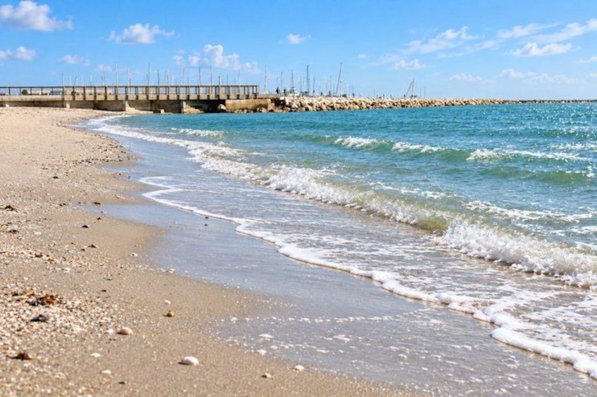 A beach with waves, a pier, and a rocky breakwater. 3