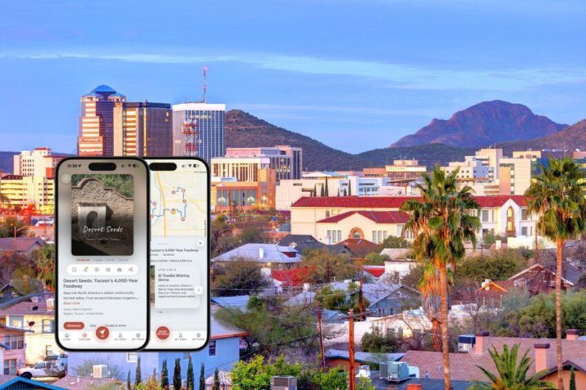 A cityscape with a smartphone displaying a map and a food delivery app. 1
