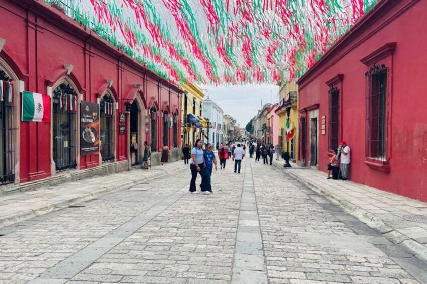 A cobblestone street lined with red buildings, a crowd of people, and a colorful canopy overhead. 4