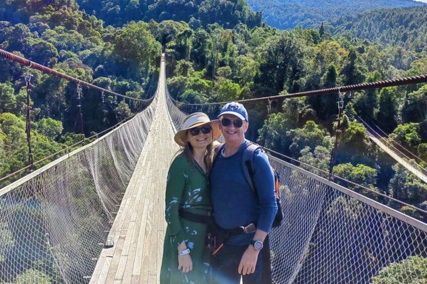 A wooden suspension bridge with a netted safety barrier, surrounded by dense forest and hills. 4
