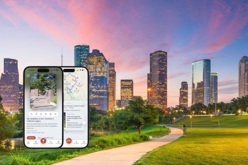 A cityscape with skyscrapers and a park with a pathway. 1