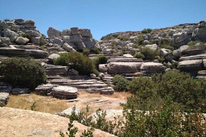 A rocky landscape with layered stone formations and sparse vegetation. 1