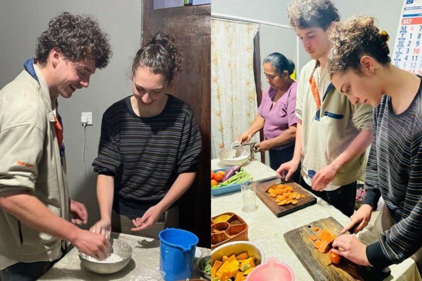 People preparing food, with bowls, a cutting board, and vegetables on a table. 3