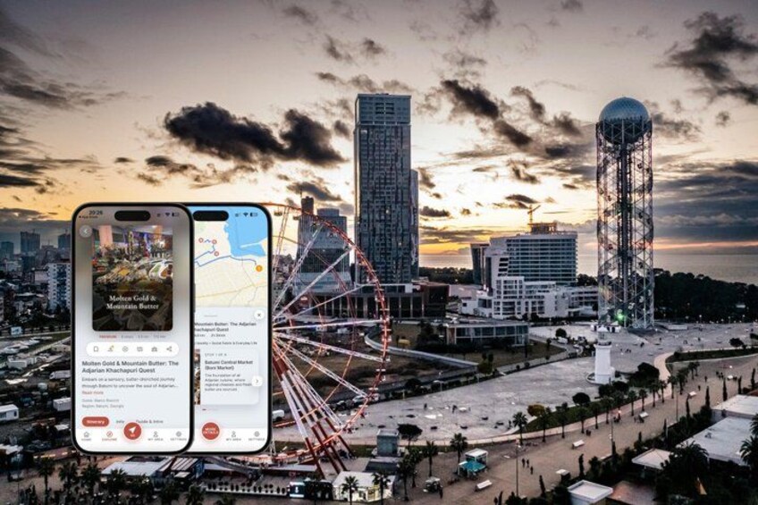 A cityscape with a Ferris wheel, modern buildings, and a sunset. 1