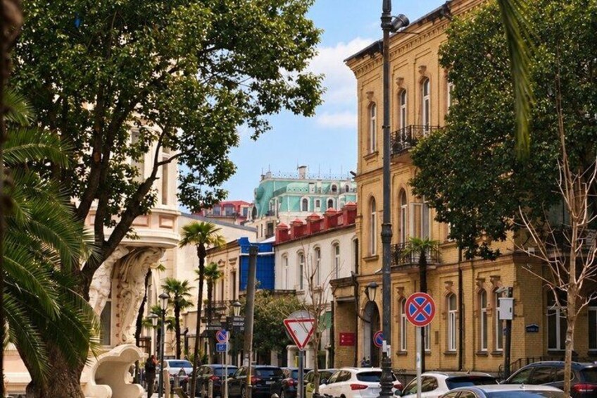 A street lined with historic buildings, palm trees, and parked cars. 5