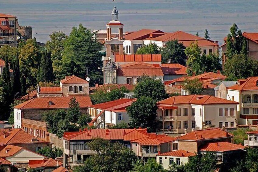 A town with red-roofed buildings, a prominent church with a bell tower, and lush green trees. 5