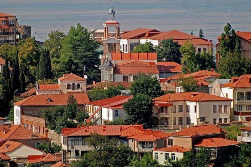 A densely packed urban area with red-tiled roofs, a prominent church with a bell tower, and surrounding greenery. 5